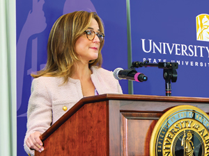 Amy Knapp speaks at the 2025 Massry Lecture in the Massry School of Business on April 4, 2025. Photo by Brian Busher